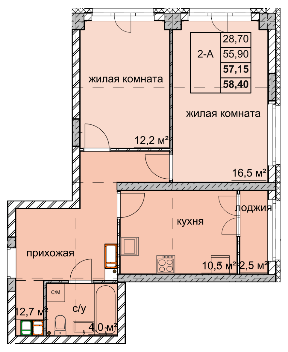 2-комнатная квартира 57.15 м2 | ЖК Вега